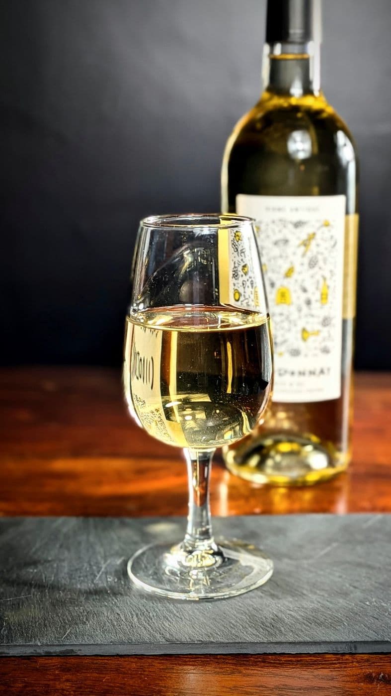 Verre de vin blanc devant sa bouteille