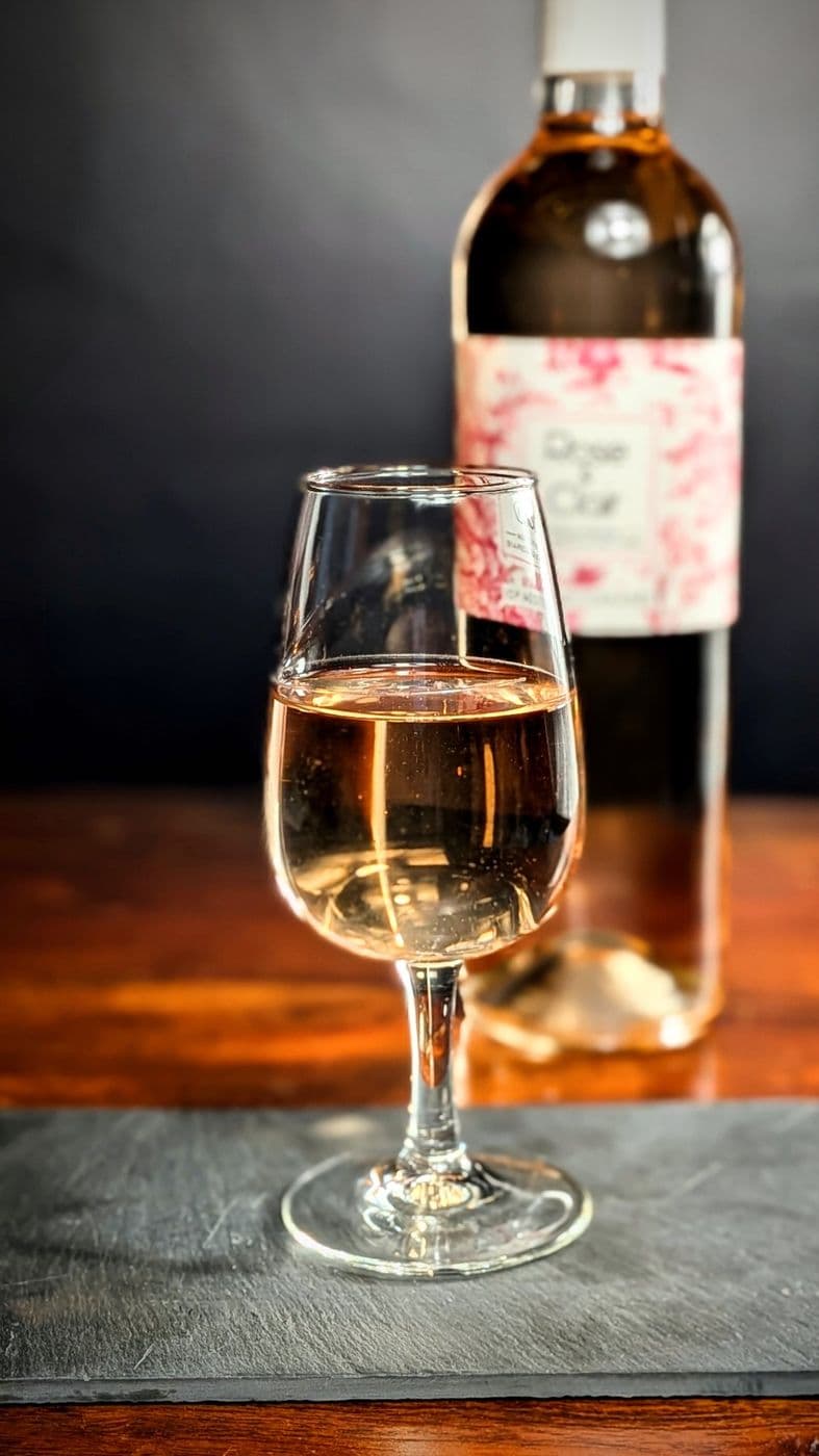 Verre de vin rosé devant sa bouteille